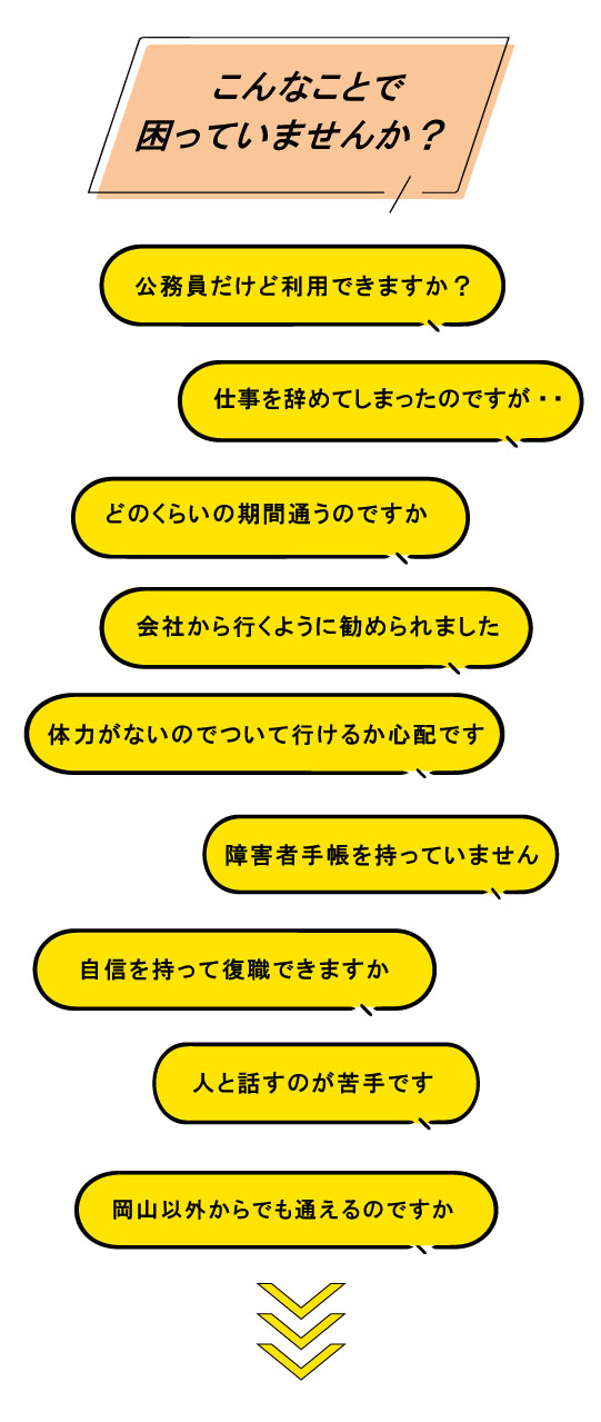 こんなことで困っていませんか？ 1. 公務員だけど利用できますか 2. 仕事を辞めてしまったのですが・・ 3. どのくらいの期間通うのですか 4. 会社から行くように勧められました 5. 体力がないのでついて行けるか心配です 6. 障害者手帳を持っていません 7. 利用申請の方法がわかりません 8. 人と話すのが苦手です 9. 岡山以外からでも通えるのですか